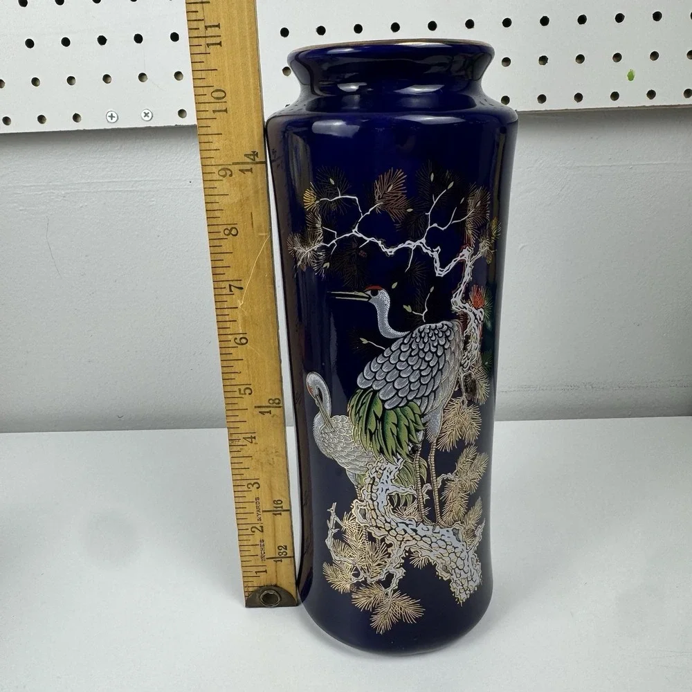 Vtg‎ 1960s Cobalt Blue Japanese Crane Vase Gold Trim Porcelain Japan 11